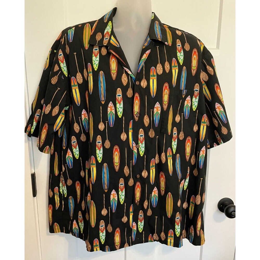 HAWAII STATION Mens SHIRT Short Sleeve BLACK Multi Surfboard Made in USA Sz 2XL